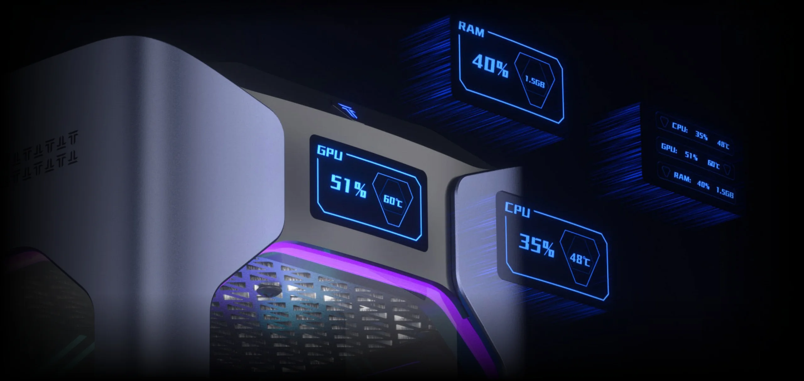 Mini-Display zeigt Auslastung und Temperatur zur Systemüberwachung in Echtzeit.