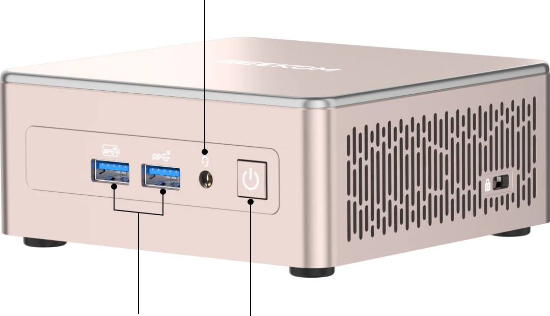 Anschlüsse auf der Vorderseite des geekom A5 mini PC 2025