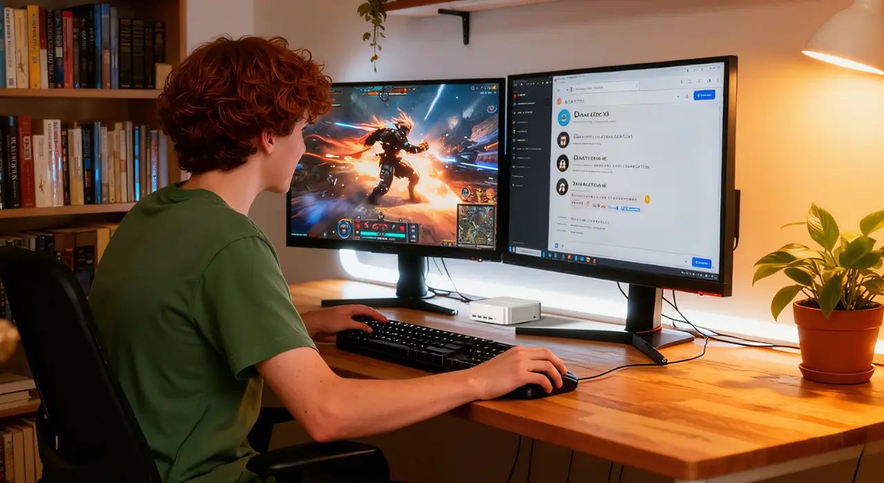 Ein junger Mann spielt Spiele auf einem A7 Max Mini PC.