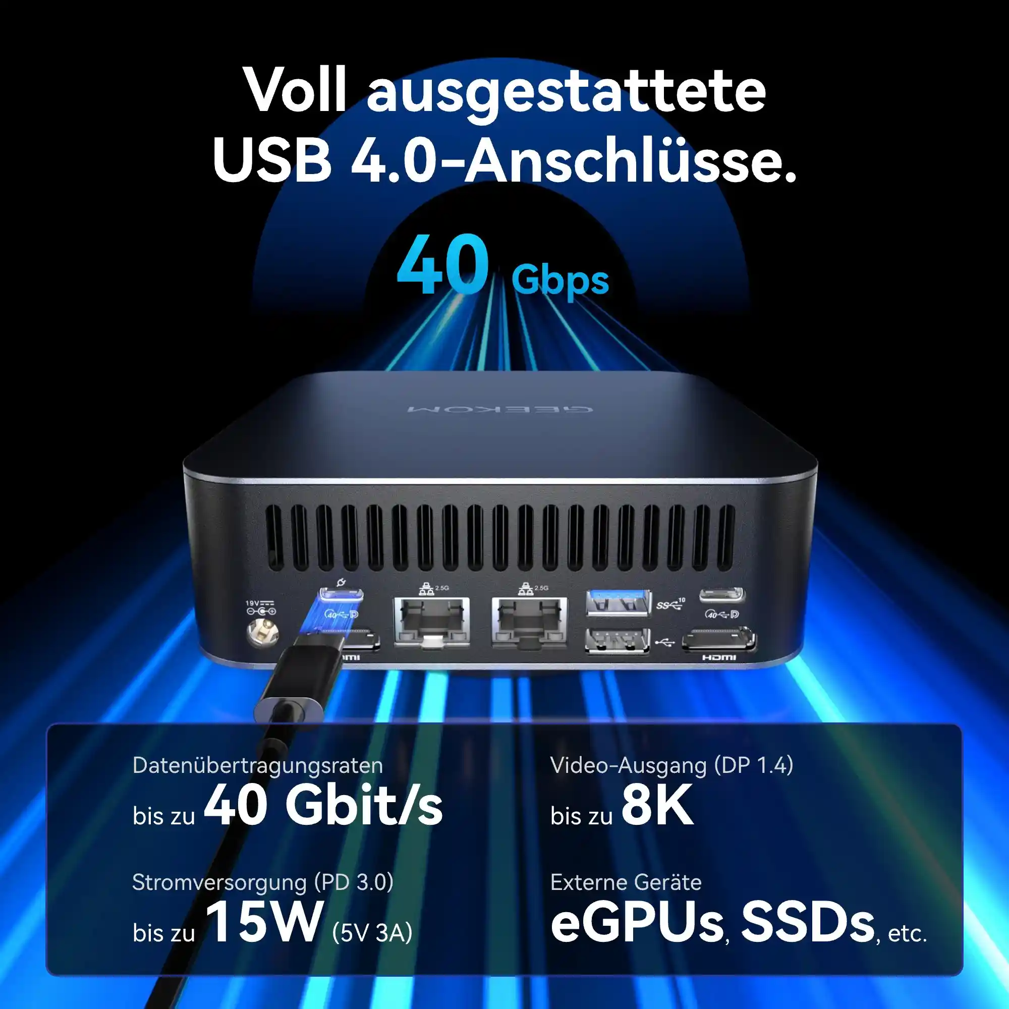 USB 4.0-Anschlüsse des GEEKOM GT1 Mega Mini Gaming PCs